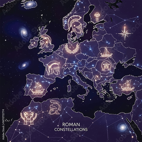 Roman constellation empire map with celestial elements