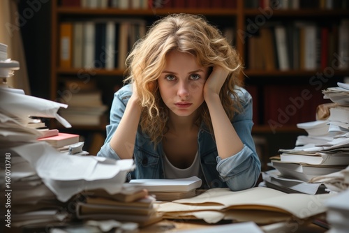 A young woman looks distressed while sitting at a cluttered desk filled with papers and books in a library. The chaotic environment reflects her overwhelming study load