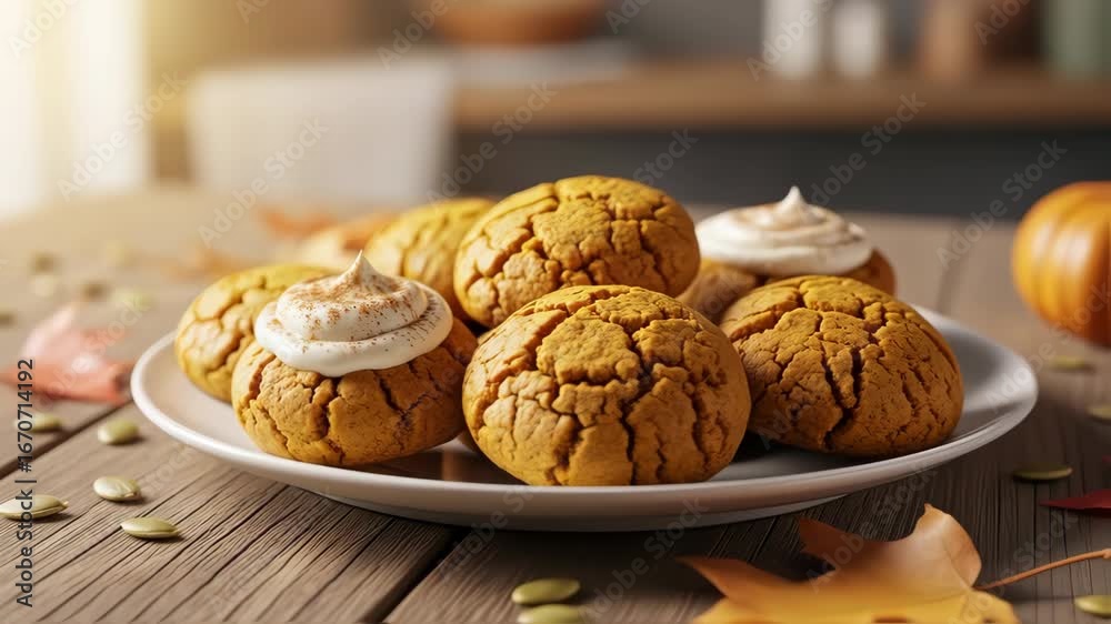 Pumpkin cookies served with cream on plate for a festive dessert. Pumpkin cookies embody autumn flavors, perfect for holiday celebrations. Presenting pumpkin cookies as comforting treats,