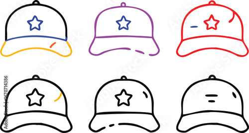 Six baseball caps with stars in blue purple and red outlines headwear fashion