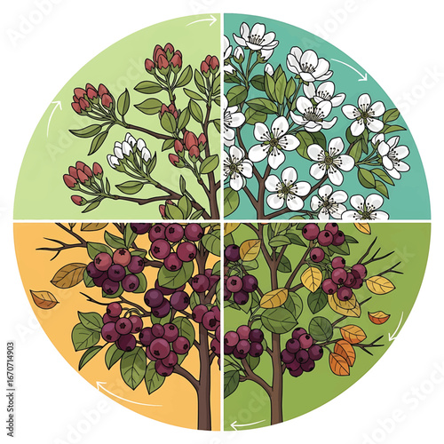 Illustration of the seasonal serviceberry tree life cycle