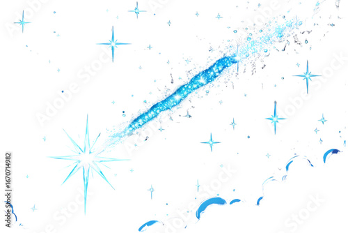 brilliant blue shooting star with a sparkling trail and distant stars, no background