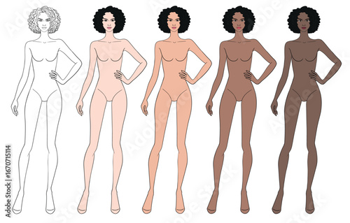 Colored skin tones fashion croquis figurines with hand on hip afro curly hair woman in vector.