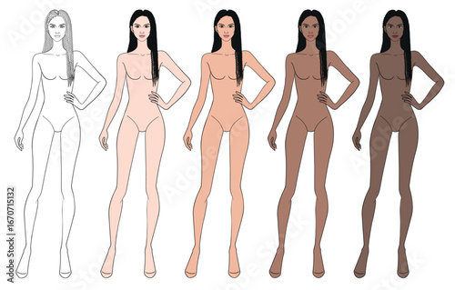 Colored skin tones fashion croquis figurines with hand on hip long braids hair woman in vector.