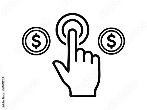 Hand pointing at dollar sign button with coins icon vector