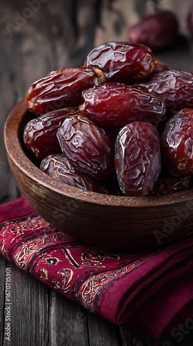 Nice photo of stunning photo of copy space, Delicious medjool dates in a bowl on a wooden table, closeup view. Cloth napkin with date fruits. Traditional Arabic healthy food.