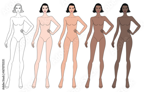 Colored skin tones fashion croquis figurines with hand on hip short hair woman in vector.