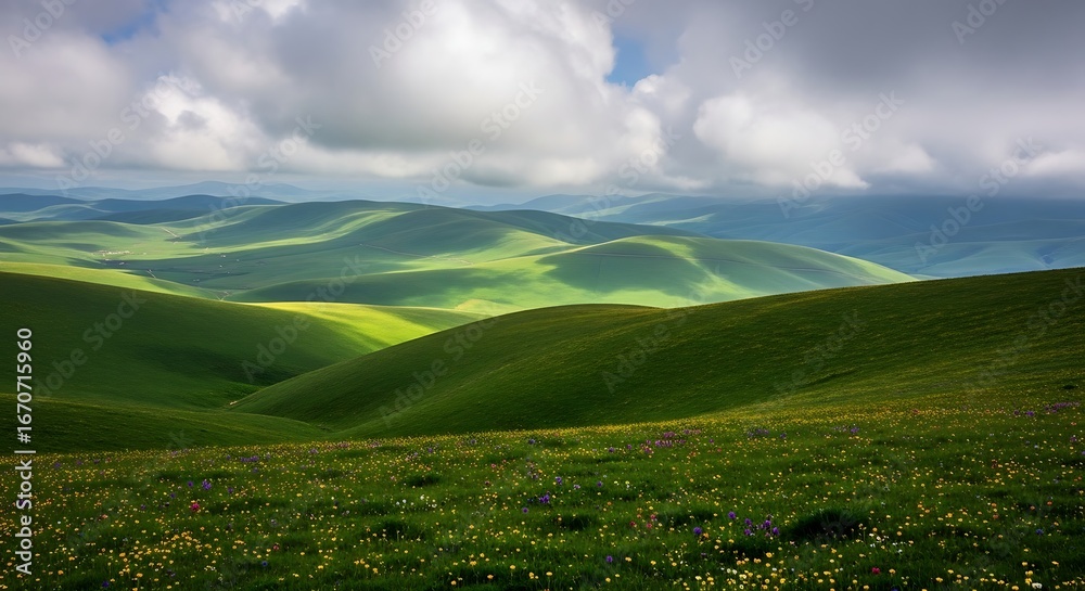 Obraz premium Rolling Green Hills Under a Cloudy Sky.