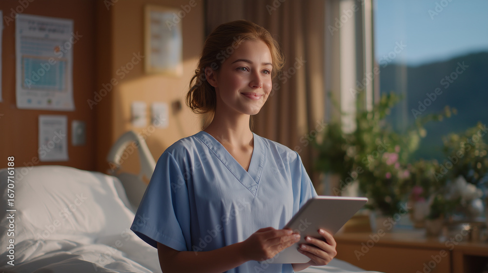 Fototapeta premium Modern Hospital Room with Nurse Using Tablet