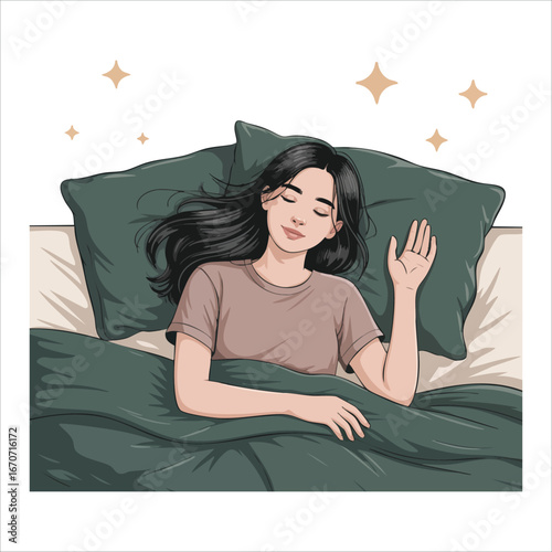 peaceful young girl sleeping soundly under cozy blankets vector art isolated on white background