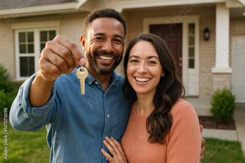 Happy couple showing new house key while smiling and embracing in front of home