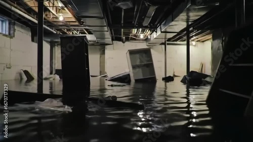 Flood Damaged Basement: Waterlogged Interior and Furniture