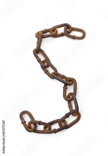 Φωτογραφία Rusty chain shaped like letter S isolated on white background.