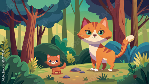 a cat and a small kitten are walking in the forest
