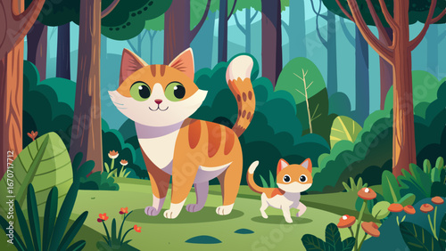 a cat and a small kitten are walking in the forest