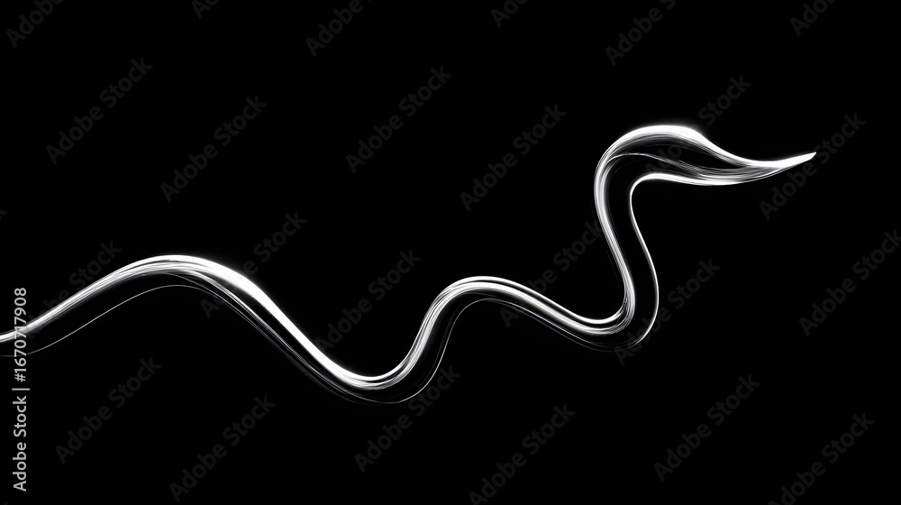 Fototapeta premium A smooth, flowing, silver line gracefully undulates against a stark black backdrop, creating a sense of motion and elegant design.