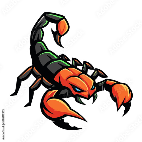 The Ferocious Scorpion: A detailed depiction of a formidable scorpion, rendered in a graphic art style, ready to strike with its menacing claws.