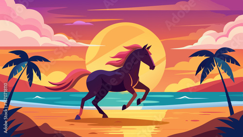 a horse galloping on a beach while a sunset