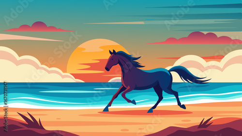 a horse galloping on a beach while a sunset