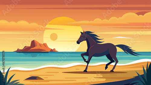 a horse galloping on a beach while a sunset