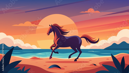 a horse galloping on a beach while a sunset