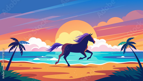 a horse galloping on a beach while a sunset