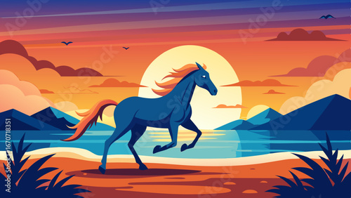 a horse galloping on a beach while a sunset