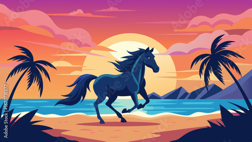a horse galloping on a beach while a sunset