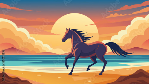 a horse galloping on a beach while a sunset