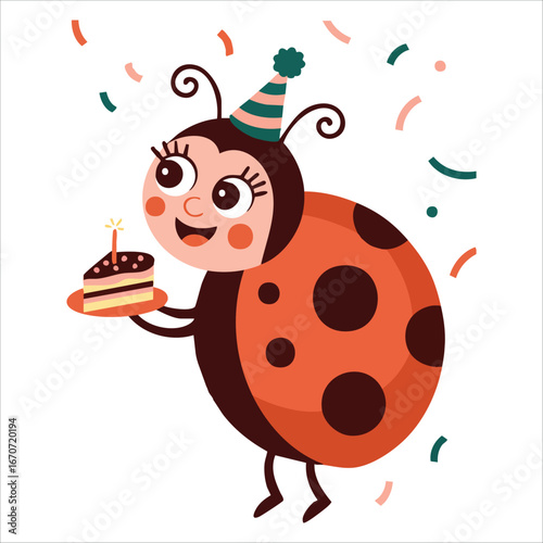 adorable smiling ladybug with party hat birthday vector art isolated on white background