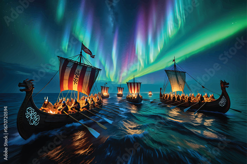 Viking gods observing the northern lights in a mystical landscape