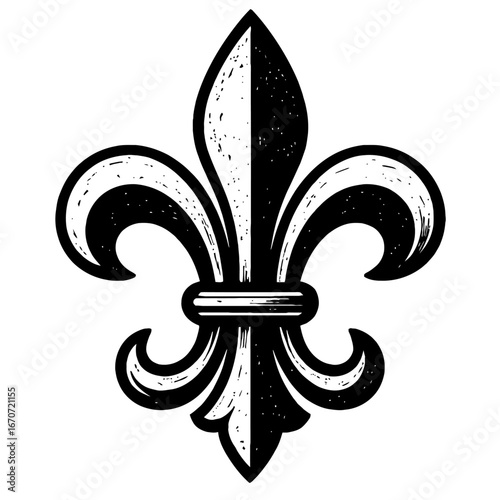 Stylized Fleur-de-Lis with Gritty Texture - Black and White Vector Graphic