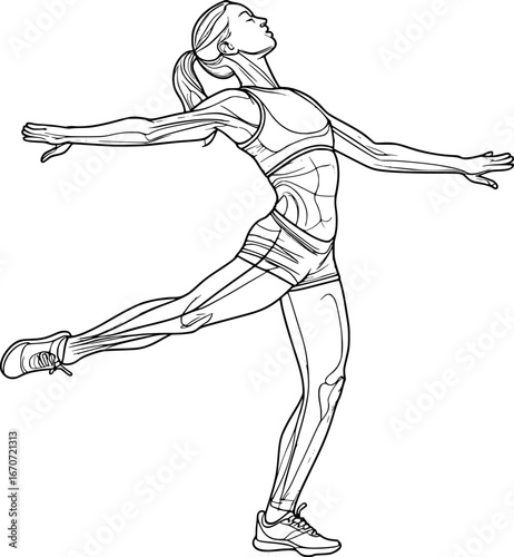 Hamstring stretch continuous line art. Single-stroke outline illustration for fitness guides and stretching programs.