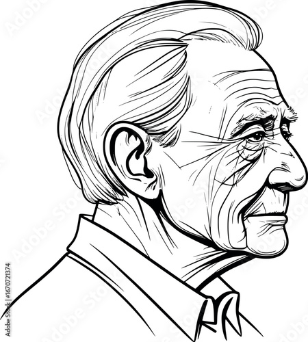 Mature Portrait Continuous Line Art. Elderly Person Profile with Character Lines and Dignified Expression Vector Outline Illustration.