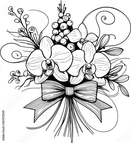 Luxury orchid groom boutonniere outline illustration. Vector continuous line drawing of elegant wedding lapel flower with berries and decorative wire.