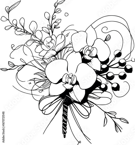 Luxury orchid groom boutonniere outline illustration. Vector continuous line drawing of elegant wedding lapel flower with berries and decorative wire.