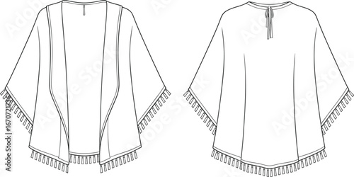 Bohemian women’s fringed kimono, open front cardigan, lightweight casual outerwear, flowy sleeves, stylish summer cover-up, trendy layered fashion.