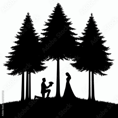 Man proposing to woman in forest