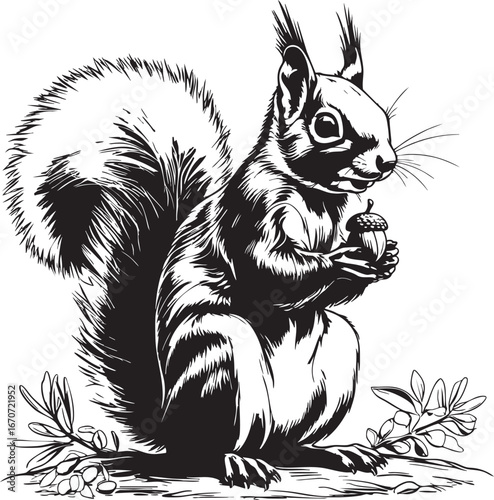 Squirrel holding acorn outline. Detailed forest animal drawing with fluffy tail