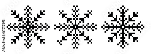 Set of pixel snowflakes on white background. Black retro snowflake icons. Isolated vector illustration.