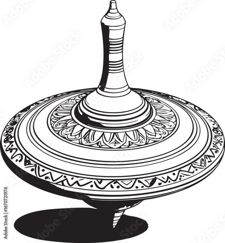 Spinning Top Toy Outline Vector. Decorative Traditional Toy Technical Drawing In Isometric View.