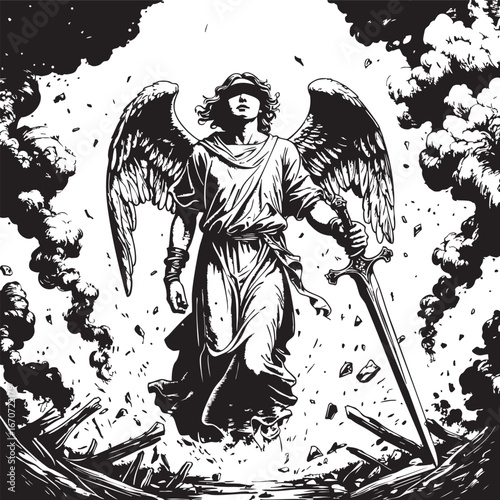 Blindfolded angel with broken sword. Symbolic apocalyptic engraving in monochrome style.