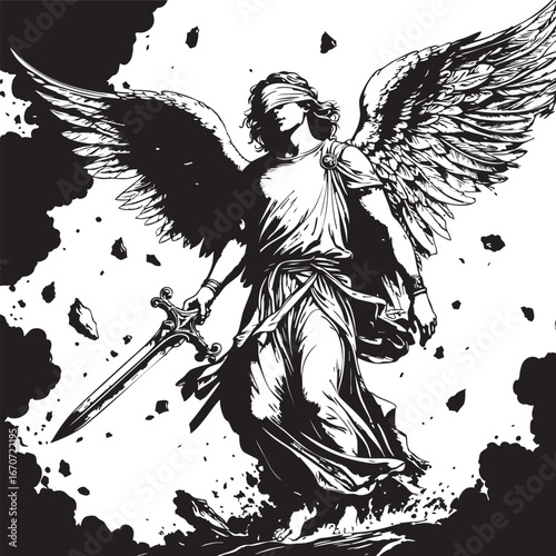 Blindfolded angel with broken sword. Symbolic apocalyptic engraving in monochrome style.