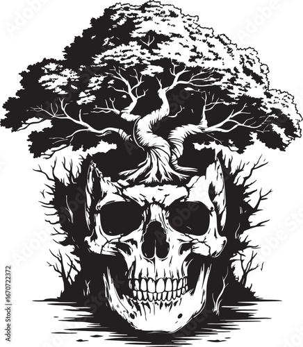 Radioactive tree from skull. Monochrome engraving symbol of death and post-apocalyptic nature.