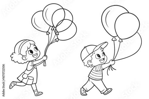  black and white line drawing of two children holding balloons.