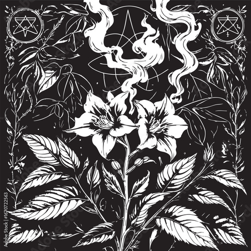 Datura occult botanical engraving. Mystical flower with hidden symbols and rising smoke.