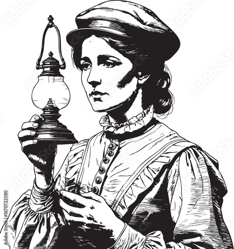 Florence Nightingale engraving. Compassion and strength in classic detail.