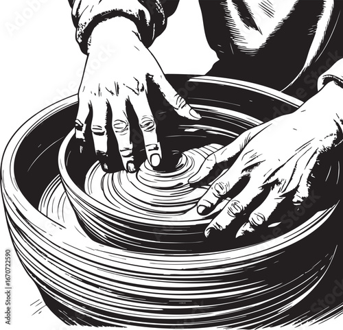 Clay shaping engraving. Craft hands forming vessel in engraving style.