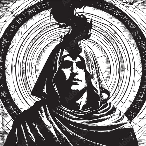 Voice of void engraving. Dark esoteric portrait with occult flame.