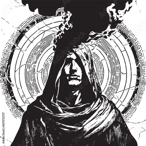 Voice of void engraving. Dark esoteric portrait with occult flame.